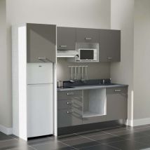 Kitchenette K37L - 240 cm - plan monobloc évier intégré Cromo- évier à droite - Façades Gris + Electroménager inclus coloris Blanc