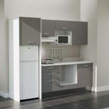 Kitchenette K37L - 240 cm - plan monobloc évier intégré Snova- évier à droite - Façades Gris + Electroménager inclus coloris Blanc