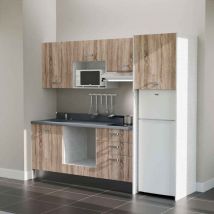 Kitchenette K37L - 240 cm - plan monobloc évier intégré Cromo- évier à gauche - Façades Bois + Electroménager inclus coloris Blanc