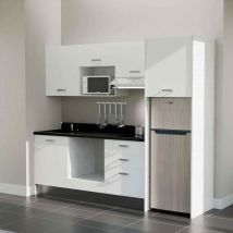 Kitchenette K37L - 240 cm - plan monobloc évier intégré Nero- évier à gauche - Façades Blanc + Electroménager inclus coloris Inox