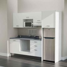 Kitchenette K37L - 240 cm - plan monobloc évier intégré Cromo- évier à gauche - Façades Blanc + Electroménager inclus coloris Inox