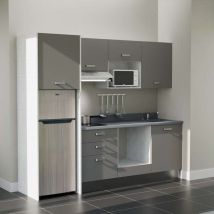 Kitchenette K37L - 240 cm - plan monobloc évier intégré Cromo- évier à droite - Façades Gris + Electroménager inclus coloris Inox
