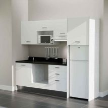 Kitchenette K37L - 240 cm - plan monobloc évier intégré Nero- évier à gauche - Façades Blanc + Electroménager inclus coloris Blanc