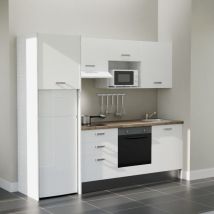 Kitchenette K37L-PT - 240 cm avec plan de travail et évier - Façade Blanc - Plan Bois - Evier Inox - Crédences Non