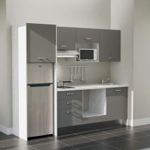 Kitchenette K37L-PT - 240 cm - plan stratifié, évier inox, - Façade Gris - Plan Blanc - Crédences Non + Electroménager inclus coloris Inox