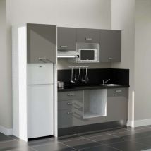Cuisibane - Kitchenette K37L-PT - 240 cm - plan stratifié, évier inox, - Façade Gris - Plan Noir texturé - Evier Inox - Crédences Oui +