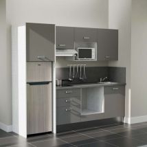 Cuisibane - Kitchenette K37L-PT - 240 cm - plan stratifié, évier inox, - Façade Gris - Plan Gris béton - Evier Inox - Crédences Oui + Electroménager