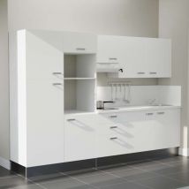 Kitchenette K46L-PT - 300 cm - plan stratifié, évier inox, - Façade Blanc - Plan Blanc - Crédences Oui + Electroménager inclus coloris Inox