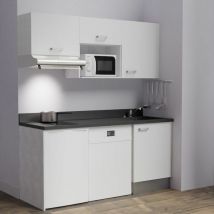 Kitchenette K55L - 180 cm - emplacements hotte, micro-ondes, frigo et lave-vaisselle-Blanc-Nero-évier à droite