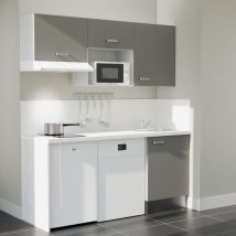 Cuisibane - Kitchenette K55L-PT - 180 cm avec plan de travail et évier - Façade Gris - Plan Blanc - Crédences Oui