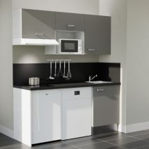 Kitchenette K55L-PT - 180 cm avec plan de travail et évier - Façade Gris - Plan Noir - Evier Inox - Crédences Oui