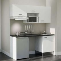 Kitchenette K55L-PT - 180 cm - plan stratifié, évier inox, - Façade Blanc - Plan Noir texturé - Evier Inox - Crédences Non + Electroménager inclus