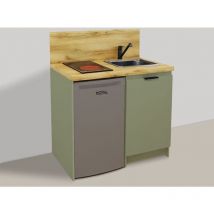 Kitchenette terra vert argile 100cm + plaque de cuisson + refrigerateur + evier + mitigeur