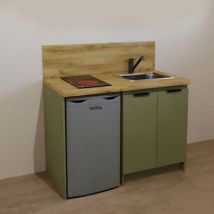KITCHENETTE TERRA VERT ARGILE 120cm + PLAQUE DE CUISSON + REFRIGERATEUR + EVIER + MITIGEUR