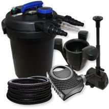 Kit complet: CPF-250 Filtre de bassin à pression jusqu'à 10000 l avec 11W lampe uv, NEO8000 pompe 8000l/h 70W, 25m Tuyau 25 mm, SK-40 Écumeur 3000l/h