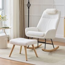 Okwish - Schaukelstuhl aus Teddysamt, Sessel in Weißoptik, Beine aus Gummibaumholz, Gestell aus Spritzgusseisen, Wohnzimmersessel, Schlafzimmersessel