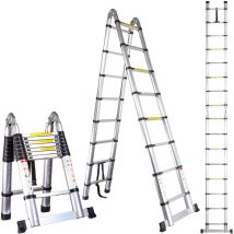 Teleskopleiter 3,8m (1,9m + 1,9m), Mehrzweckleiter Aluminium-Klappleiter 150 Kg Belastung, Silber