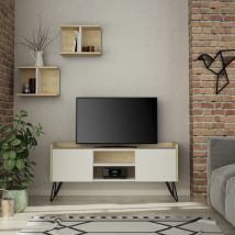 Decortie - Klappe Modern tv Stand Multimedia Centre tv Unit With Storage And Wall Shelf 125.5cm - White / Oak - Oak