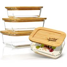 Bambuswald Vorratdosen Glas mit luftdichten Deckel 4er Set verschließbare & stapelbare Glasbehälter 370ml 640ml 1040ml 1520ml - Ofenform Lunchbox
