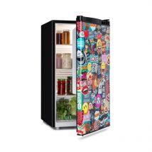 Klarstein - Cool Vibe - réfrigérateur, porte avec sticker imprimé bd, compartiment congélateur, bac à glaçons, niveau sonore: 42dB, 90L - noir
