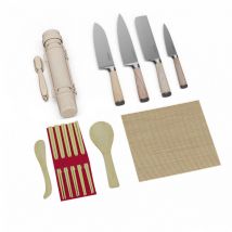 Set de 15 pièces pour sushi professionnel avec 4 couteaux en acier inoxydable 3cr13 430, bois de frêne poli mat - découpe facile & rapide, comprend