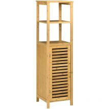 Kleankin - Badezimmerschrank Badschrank Aufbewahrungsschrank mit Tür, zwei offene Ablagen, Bambus, Hochschrank Schrank für Badezimmer und Wohnzimmer,