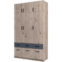 Kleiderschrank 3-türig mit Aufsatzschrank, 136cm breit, Eiche mit graphit, SELAWIK-166