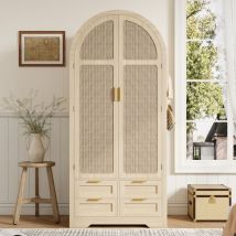 Kleiderschrank 80x50x179 Cm - Moderner Schlafzimmerschrank Mit Geschwungenen Türen Und Rattan - Garderobenschrank Mit Kleiderstange Und 