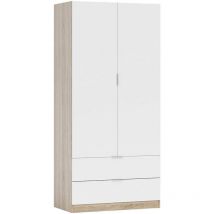 Kleiderschrank 2 Türen Burbank, Schlafzimmerschrank mit 2 Schubladen, Schrank mit Kleiderstange, 82 x 52 x 180 cm, Weiß und Eiche