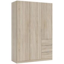 Garderobe Fullerton, Schlafzimmerschrank mit 3 Türen und 3 Schubladen, Schrank mit 3 Einlegeböden und Kleiderstange, cm 135x52h200, Eiche