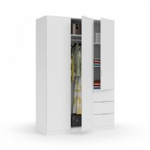 Garderobe Fullerton, Schlafzimmerschrank mit 3 Türen und 3 Schubladen, Schrank mit 3 Einlegeböden und Kleiderstange, cm 135x52h200, Weiß