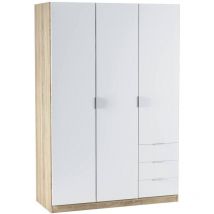 Garderobe Allentown, Schlafzimmerschrank mit 3 Türen und 3 Schubladen, Schrank mit Kleiderstange und 3 Einlegeböden, cm 121x52h180, Weiß und Eiche