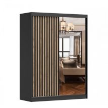 Kleiderschrank mit Lamellen und Spiegel Schwebetürenschrank 2-türig Schrank mit Einlegeböden und Kleiderstange Schiebtüren Schlafzimmer