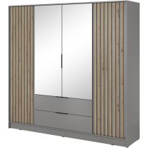 Emporius - Kleiderschrank mit Spiegel 200 cm Fioro - Schrank vom Hersteller, Schlafzimmerschrank - Drehtürenschrank mit Lamellen, 4 Tür (Grau) - Grau