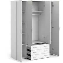 Kleiderschrank mit vier Türen und drei Schubladen, Farbe Weiß, Maße 154 x 200 x 49 cm