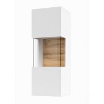 Kleine hängende Vitrine mit 1 teilweise verglasten Tür, Kollektion eva. Farbe mattweiß und Eiche.
