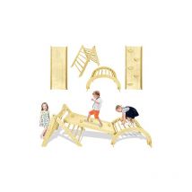Kletterdreieck 3-in-1 Multifunktion Klettergerüst Indoor Montessori Birkenholzspielplatz Kinder Klettern mit Rutsche/Steinen Rampe & Kletterbogen