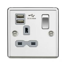 Knightsbridge - 13A 1G Switched Socket Dual usb Charger Slots with Grey Insert - Rounded Edge Polished Chrome