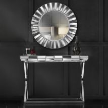 2-Piece Set Knightsbridge Collection - Round 3D Glass Effect Wall Mirror and Mirrored Console Table with Chrome Cross Legs - Grey Silver