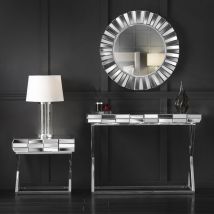 3-Piece Set Knightsbridge Collection - Wall Mirror - Mirrored Console Table - Mirrored Side Table With Drawer Combo Glass Furniture (Round Mirror +