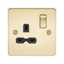 Knightsbridge - Flat plate 13A 1G dp switched socket - polished brass with black insert