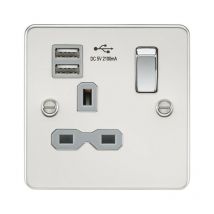 Knightsbridge - Flat plate 13A 1G switched socket with dual usb charger (2.1A) - polished chrome with grey insert