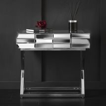 Knightsbridge - Luxury Mirrored Side Table 3D Glass Effect Design With Drawer Chrome Crossed Legs Bedroom Living Room Furniture (Grey Silver)