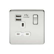 Screwless 13A 1G switched socket with dual usb charger (2.1A) - polished chrome with white insert - Knightsbridge