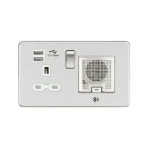 Knightsbridge - Screwless 13A socket, usb chargers (2.4A) and Bluetooth Speaker - Brushed chrome with white insert