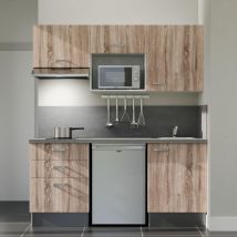 Kochnischen K20l-pt - 180 Cm - Laminatplan, Spüle Edelstahl, - Holzfront - Betongraue Laminatplatte - Kredenzen Ja + Haushaltsgeräte Edelstahl