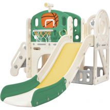 Kombi-Rutsche für Kinder, mit langer Rutsche, Aufbewahrungsbox, Tunnel, Treppenleiter, Basketballkorb und Durchgangsbereich.Rutsche für Kleinkinder.