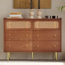 Kommode 120×40×90 Cm Modern In Nussbaum-optik Mit 6 Rattan-schubladen, Hoher Sideboard Für Schlafzimmer Und Wohnzimmer