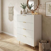 Kommode 60, 4 Schubladen, Schrank Mit Strukturierter Front Und Goldfüßen, Sideboard Für Schlafzimmer, Flur & Wohnzimmer, Modern/skandinavisch(