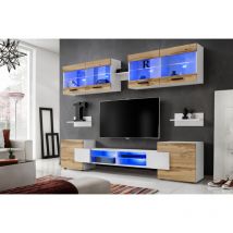 Ensembles de Meubles rtv Foggia, Façade Wotan Mat/Corps Blanc Mat, Largeur 230cm x Hauteur 195cm x Profondeur 35cm, led Bleues, pour Salon, Chambre